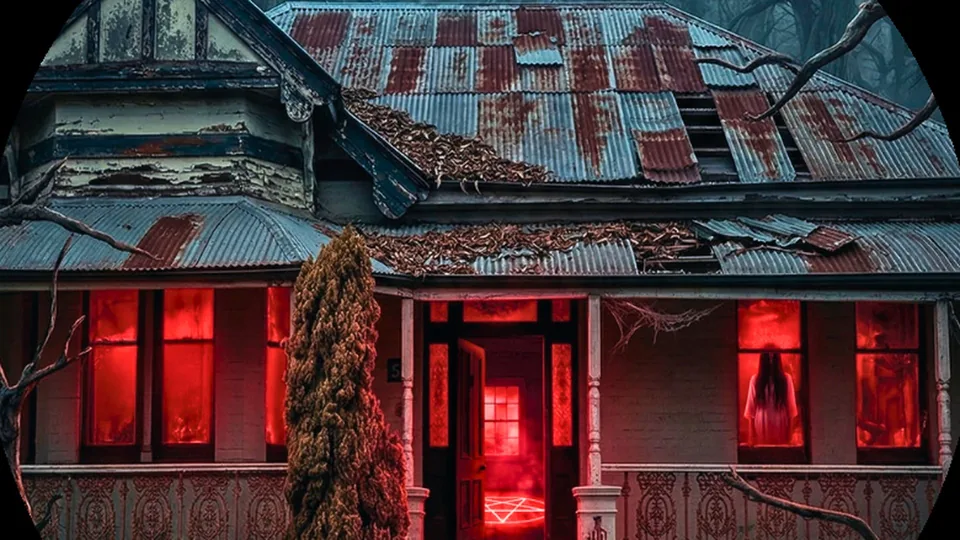 Escape This Northbridge artwork: a haunted house with red-lit windows, for the venue on Lake Street